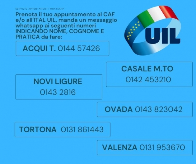 Servizio WhatsApp per prenotazione appuntamenti CAF e ITAL UIL nelle sedi della provincia