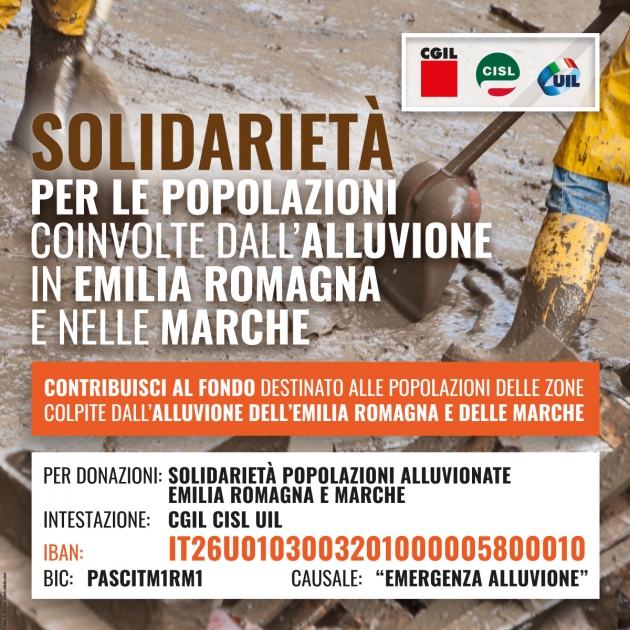 Raccolta fondi di CGIL, CISL e UIL per le popolazioni alluvionate dell&#039;Emilia e delle Marche