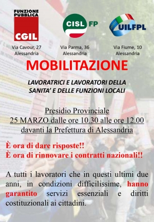 Venerdì 25 anche ad Alessandria mobilitazione per il rinnovo dei contratti di lavoro delle Funzioni Locali e Sanità Pubblica