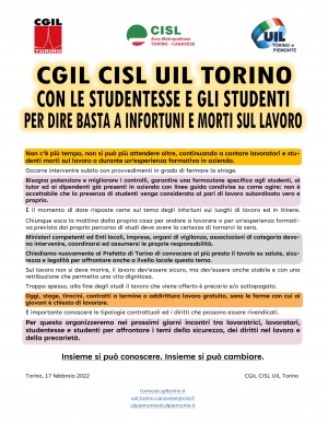 Il volantino di Cgil, Cisl e UIL indirizzato a studentesse e studenti per dire stop a infortuni e a morti sul lavoro