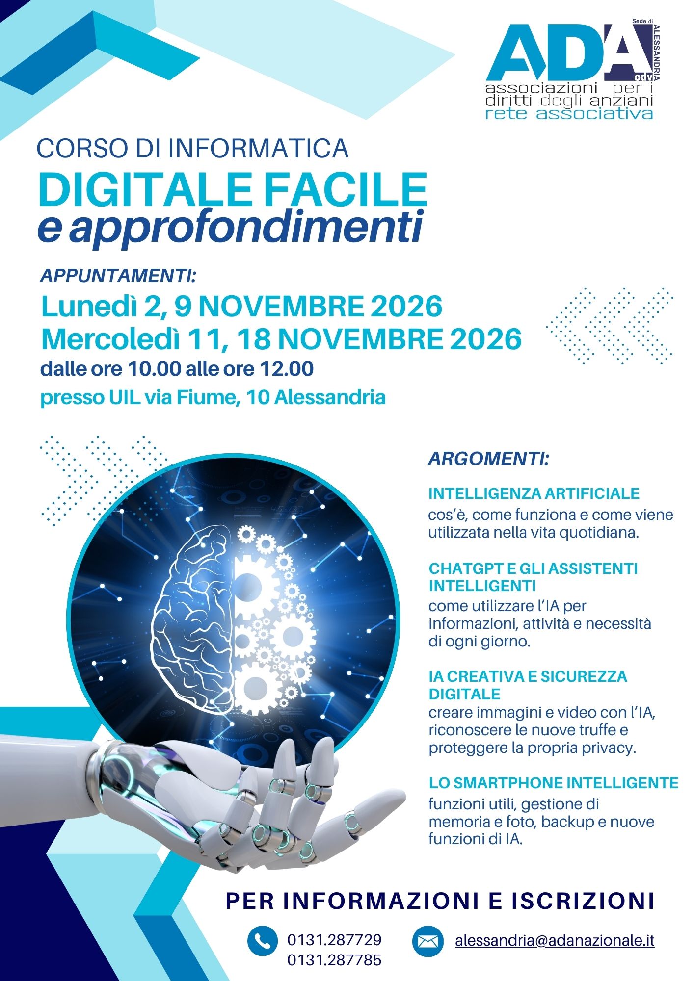 Corso di informatica Digitale facile e approfondimenti: al via a novembre la nuova edizione del corso promosso dall’ADA di Alessandria
